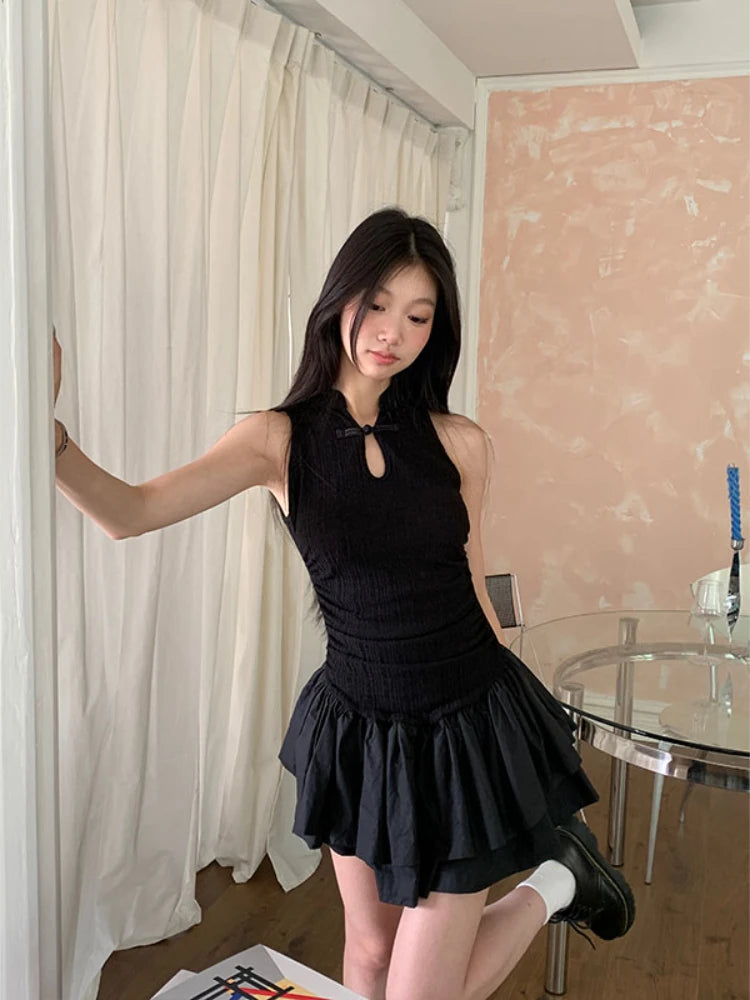 Hnewly Summer Vintage Elegant Black Button Bodycon Mini Dress Women Casual Retro Sleeveless Evening Party Dress Korean Fashion Chic
