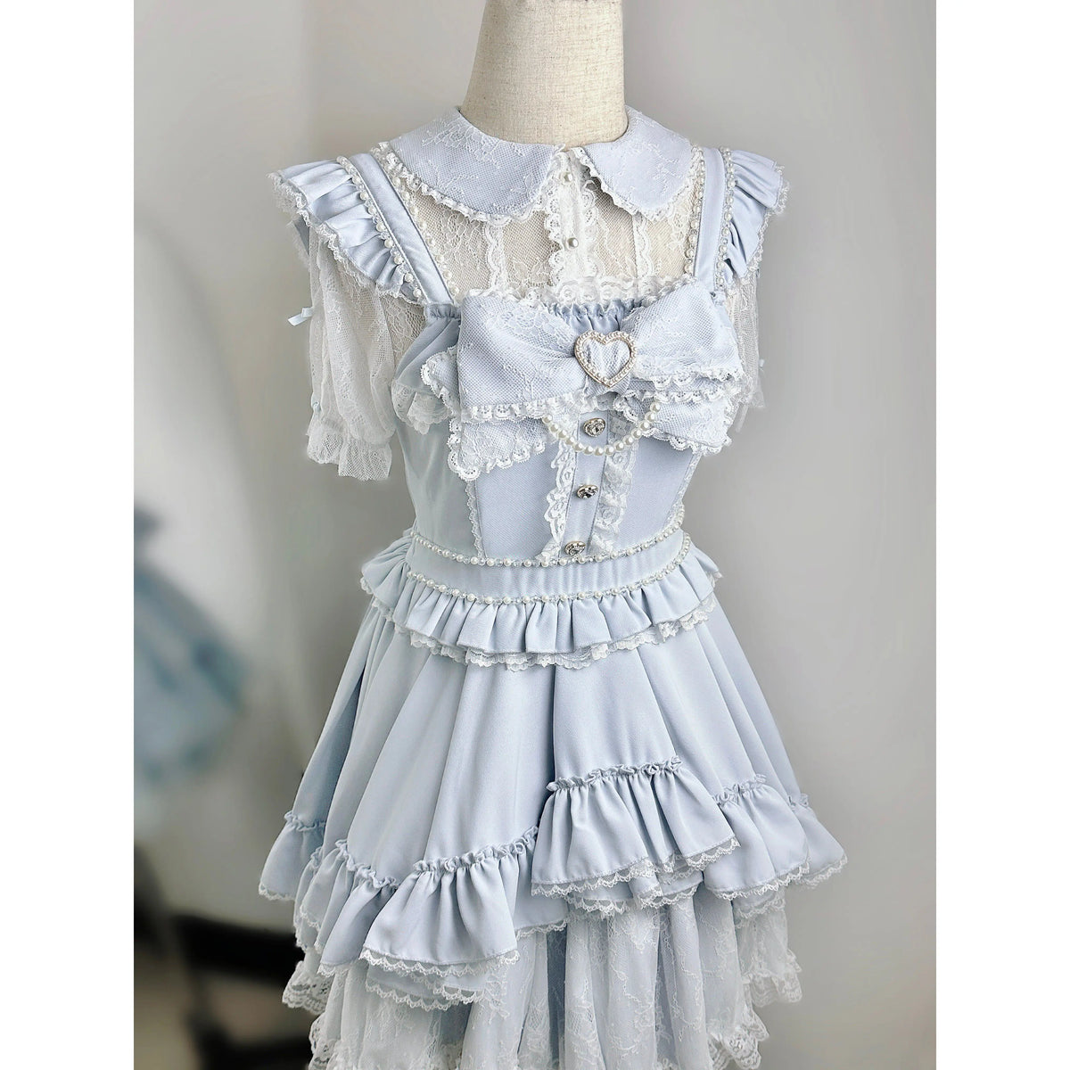 Hnewly  Subculture Mine Women's Dress Set Summer New Japanese Sweet Girl's Cute Bow Slim Short-sleeved Blue Dress and Top 2-piece Set