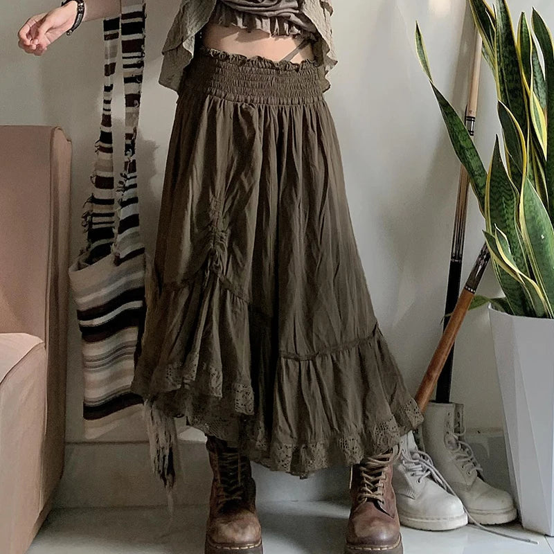 Hnewly Grunge y2k Loose Skirt Vintage 2000s Drawstring Elastic High Waist Baggy Loose Skirts for Women Harajuku Ladies Clothing