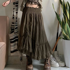 Hnewly Grunge y2k Loose Skirt Vintage 2000s Drawstring Elastic High Waist Baggy Loose Skirts for Women Harajuku Ladies Clothing