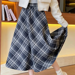 Hnewly  Autumn Winter Vintage Plaid Mid Skirt Women Koeran A-Line Elastic Waist Skirts Woman Comfortable High Waist Skirt Mujer