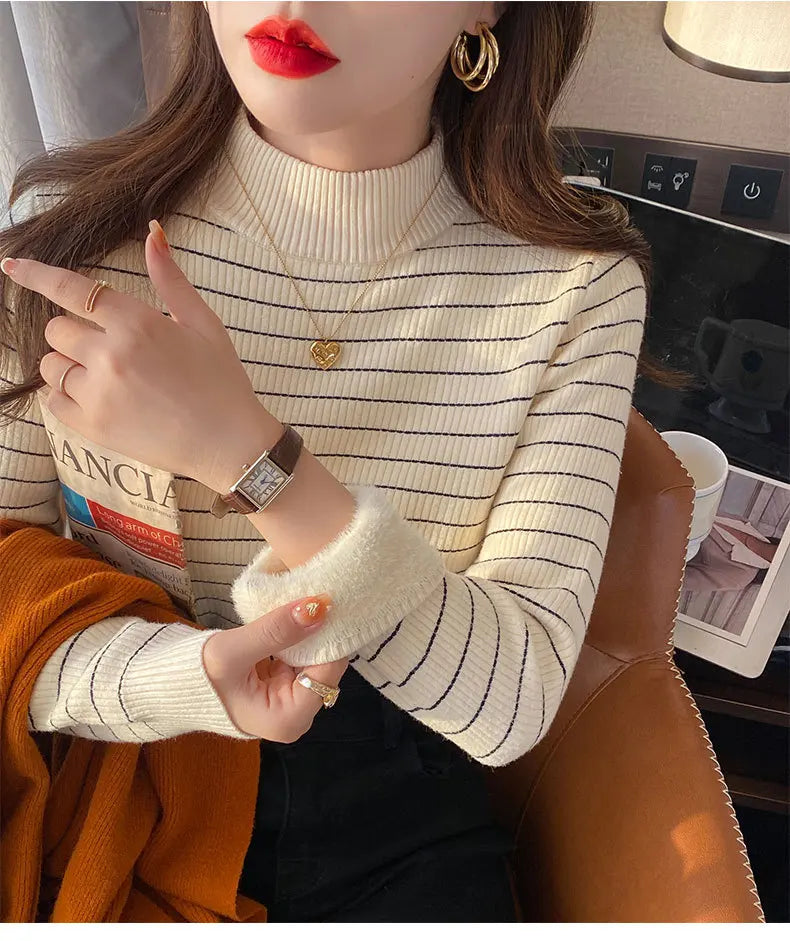 Hnewly  Half High Collar Striped Sweater Velvet Bottoming Shirts for Women's Autumn Winter Thicked Warm Pullover Slim Knitting Top