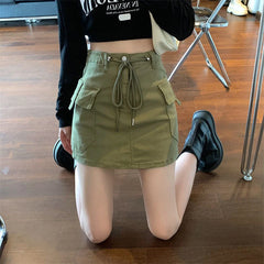 Hnewly  Fashion Drawstring Solid Women's Denim Skirt Spicy Girl Summer Pocket Short Skirts Woman Y2K A-Line All-Match Mini Skirt Female