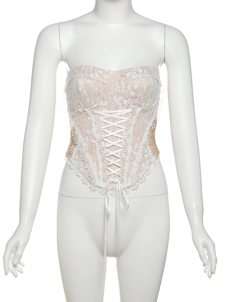 Hnewly   Lace Patchwork Strapless Tops Bandage Backless Sleeveless Elastic Sweet Street Versatile Summer New Trend Corset Vest