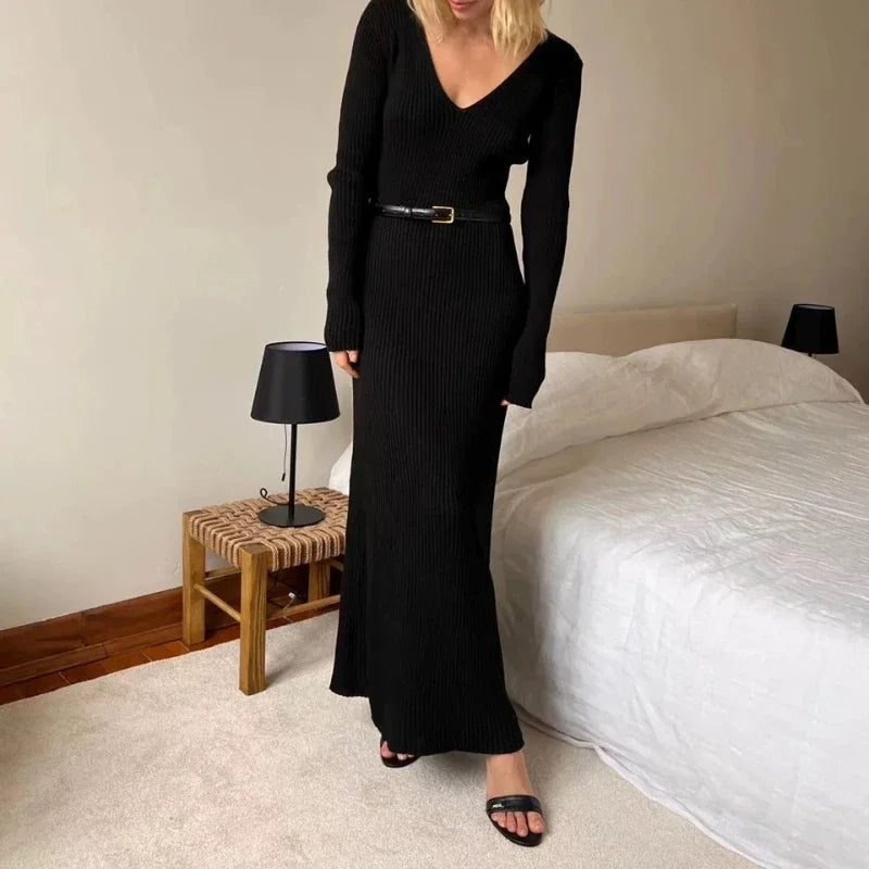 Hnewly  Sexy V-neck Elegant Knitted Dress Women Vintage Coquette Long Dress Autumn Winter Retro A-line Party Dresses Slim Up