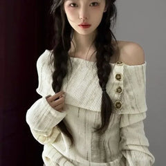 Hnewly Y2k Off Shoulder Women Sweater Korean Style Long Sleeve Knit Pullovers Harajuku Slash Neck Jerseys Slim Autumn Vintage