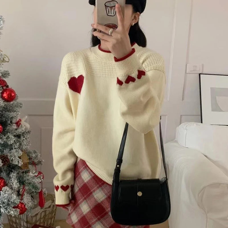 Hnewly y2k Sweaters Women Christmas Clothes Heart Print Round Neck Long Sleeve Knitted Pullover Tops 2000s Aesthetic Clothing