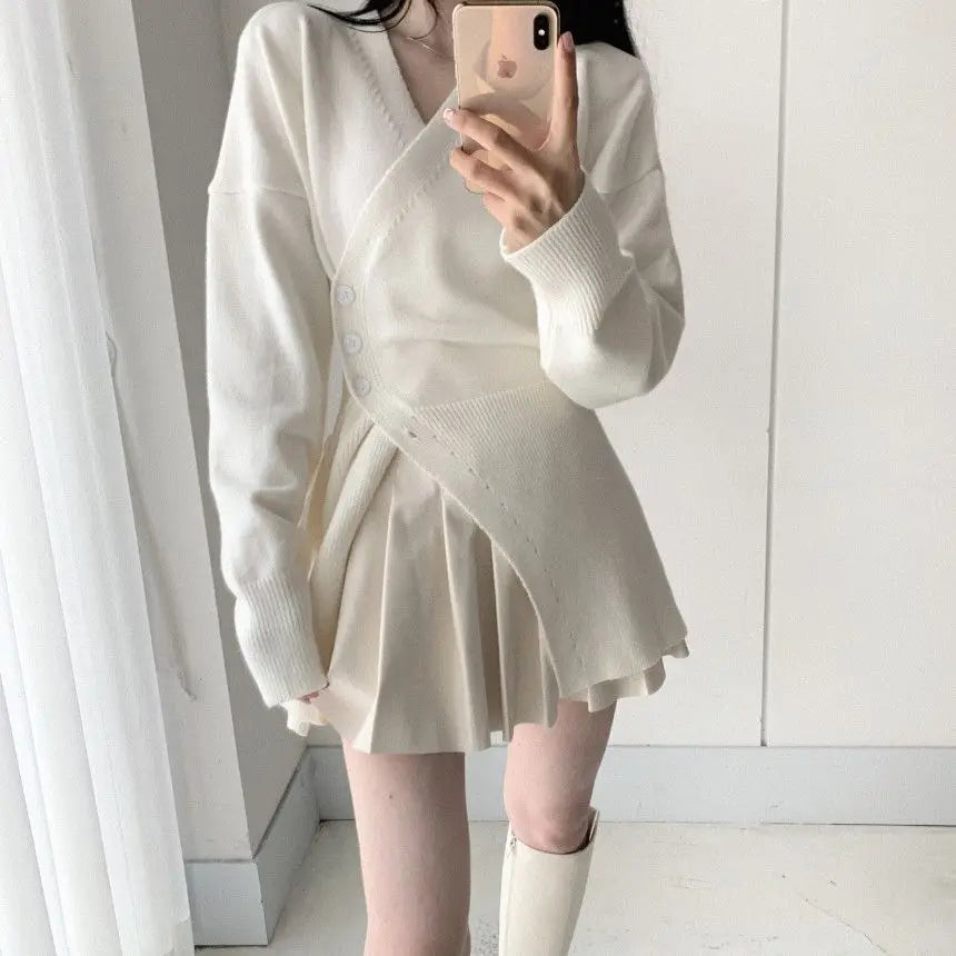 Hnewly 2025 spring fashion trend Autumn New Grey Casual Knitted Suits Sexy 2 Piece Skirt Set Woman Elegant Y2k Crop Tops + High Waist Slim Mini Skirt Korean