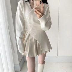 Hnewly 2025 spring fashion trend Autumn New Grey Casual Knitted Suits Sexy 2 Piece Skirt Set Woman Elegant Y2k Crop Tops + High Waist Slim Mini Skirt Korean