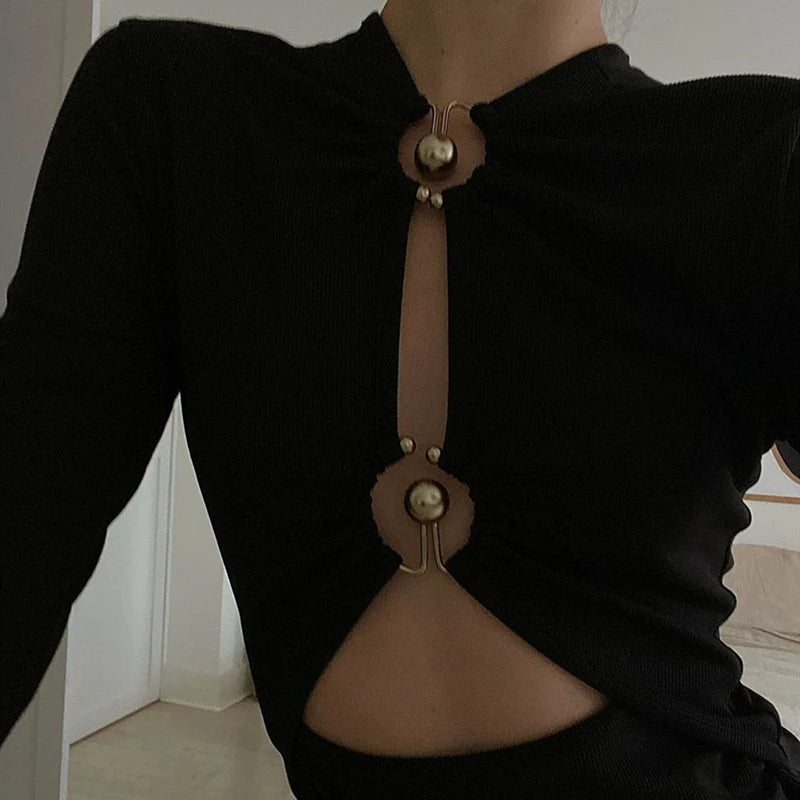 Hnewly Sexy Hollow Out Long Sleeve Bodysuit Metal Ring Connection Fashion Folds Women Bodice Black Bodycon Party Clubwear Top