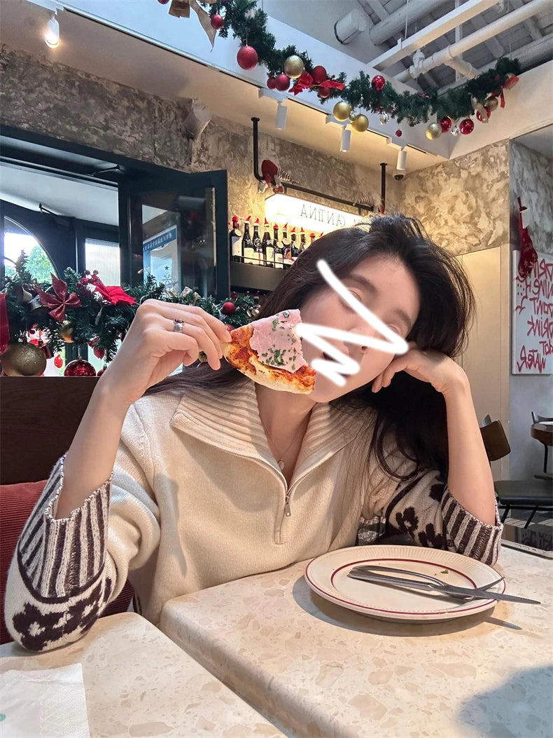 Hnewly  Half Zipper Knit Cardigan Sweater Women Pullovers Cozy Loose Sweater Jacket Collared Long Sleeve Floral Print Fall Winter Outfit