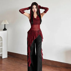 Hnewly  Streetwear 90s Grunge Mesh See Through Hooded Tops Cyber Y2K Irregular Hem Ruffles Hoodie Women Slim Blouse with Cuffs