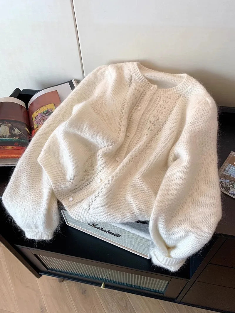 Hnewly  Elegant Hollow Out O-neck Sweater Soft Short Knitted Cardigan Women's Spring Autumn 2025 New Korean Long Sleeved Jacket