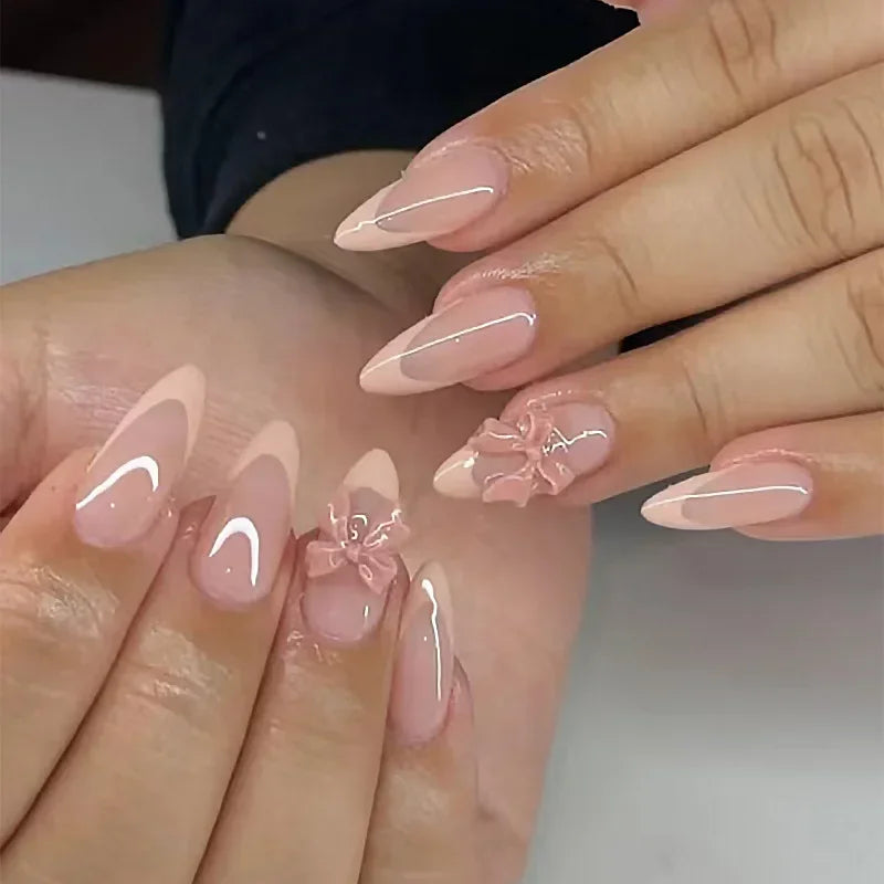Hnewly 24Pcs Cat Eye Press on Nails with Almond Head Bow Diamond Stick on False Nail Sweet Pink French Full Cover Artificial Nails Tips