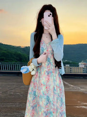 Hnewly  New Pink V-Neck Floral Print Halter Dress Women's Summer Vacation Style Long Dress Tea Break Sweet High Waist A-Line Skirt