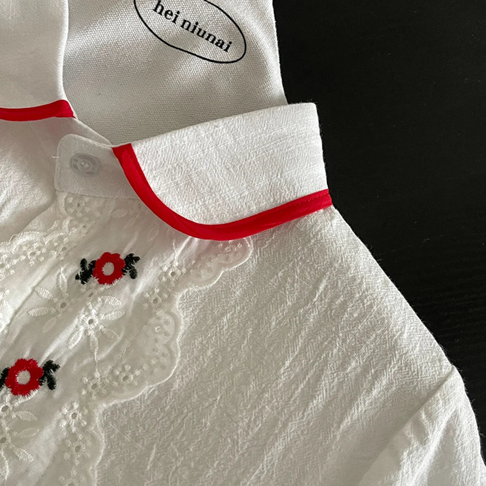 Hnewly  Embroidered Floral Lace Trim Shirt Women's Summer Casual Doll Collar Single-Breasted Tops Short Sleeves Versatile Thin Cardigan