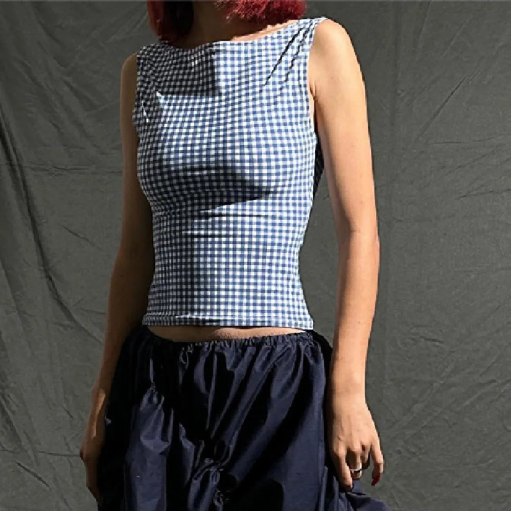 Hnewly  Women's Summer Casual Plaid Camisole Bow Backless Vest Sleeveless Slim Fit Women's Vest
