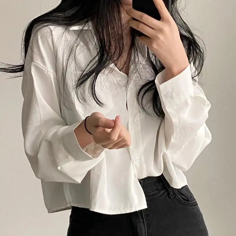 Hnewly Shirts Women Korean Style Vintage Fashion Turn-down Collar All-match Design Single Breasted Crop Top BF Ladies Harajuku Leisure