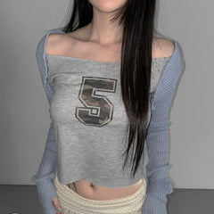 Hnewly  Number 5 Print Off Shoulder T-shirt for Women Sexy Crop Top Slim Fit Tee Shirt Summer New Short Sleeve Tops Mujer