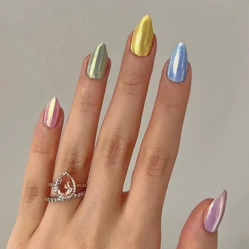 Hnewly 24Pcs Almond Nails Set with Glue Gradient Short Oval False Nails Wearable Round Head Press on Nails Full Cover Fake Nail Tips