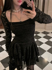 Hnewly  Lace Basic Causal Women Dress Square Collar Slim Waist Tunic  All Match Dresses Y2k Aesthetic Sexy Fashion Elegant Vestidos