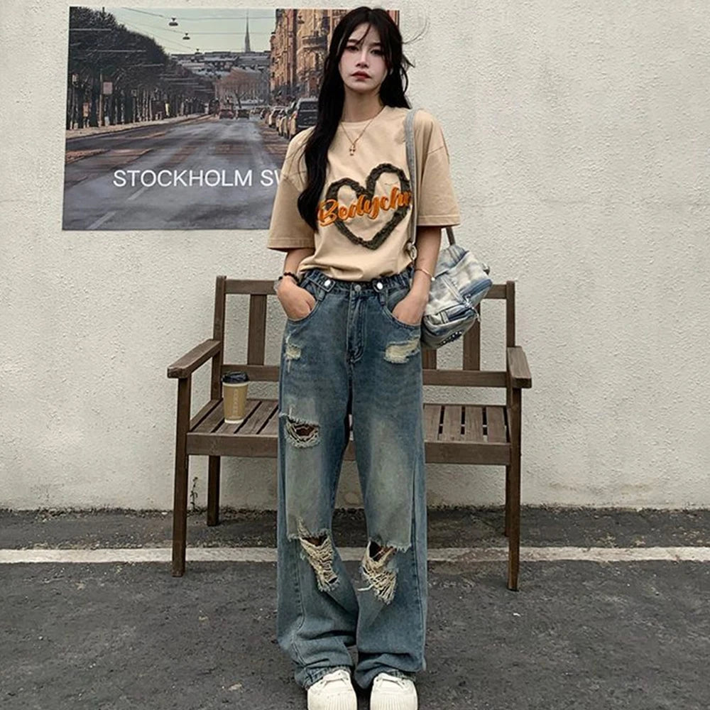 Hnewly American Retro Hole-punched Jeans Women High Waist Straight-crotch Loose Slim Design High-street Vibe Wide-legged Dragging Pants