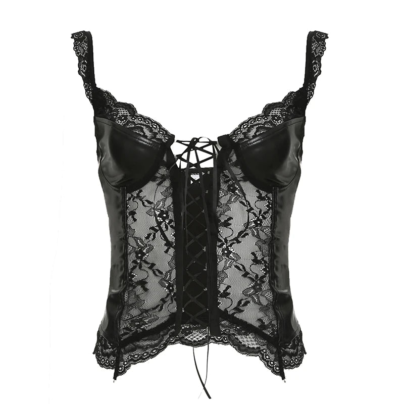 Hnewly Punk Sexy Bandage PU Vest Clubwear See Through Lace Patchwork Leather Crop Top Women Summer Skinny Corset Top Gothic Tees