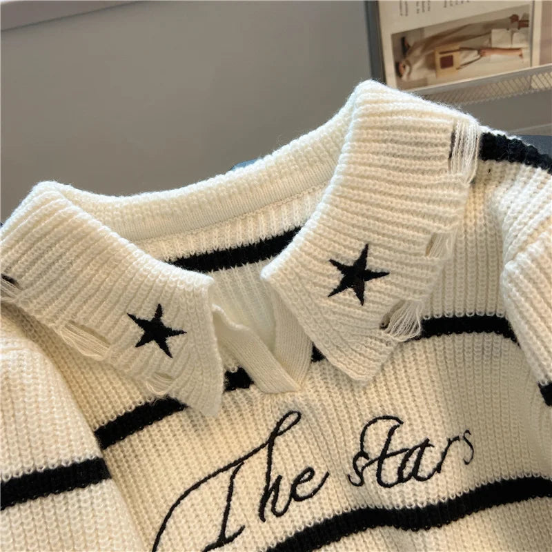 Hnewly  Short Sweater Women's Autumn Winter 2025 New Stripe Hollow Out Fashion Star Letter Knitwear Long Sleeve Top Thicked Pullover
