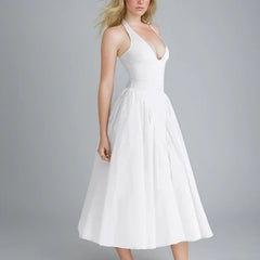 Hnewly  Elegant V Neck White Long Dress Women Fashion Hanging Neck A Line Party Drsses Woman Pocket Pleated Princess Sundress Mujer