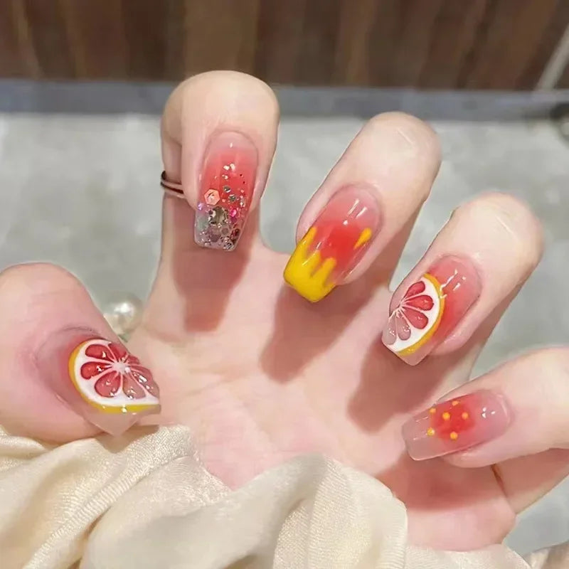 Hnewly 24pcs Red Rose False Nails Full Coverage Set Reusable Fake Nails Faux Acrylic Press on Nails with Accessories
