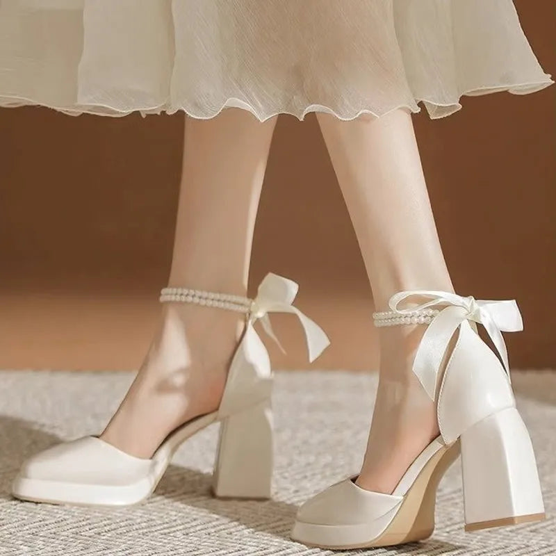 Hnewly Summer Sweet Back Butterfly-knot Lolita Shoes Big Girls Thick Block High Heels Platform Women Party Flock Princess Sandals 2024