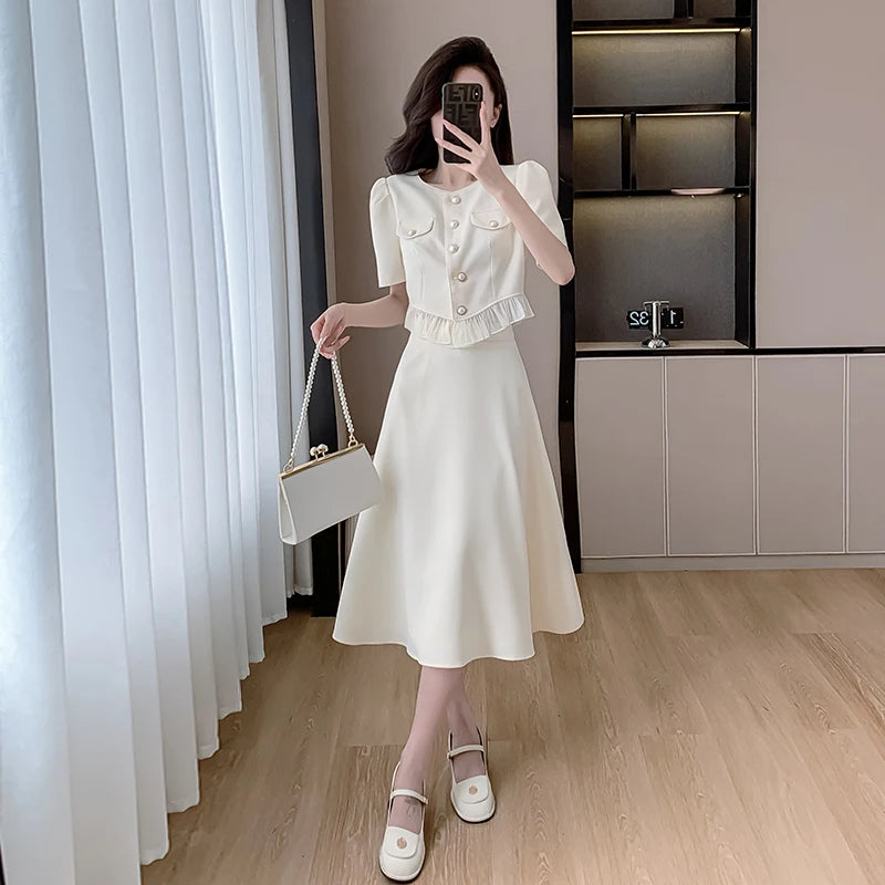 Hnewly French Vintage Solid Womens Midi Dress Short Sleeve O-neck Elegant Slim Summer Fashion Office Ladies Two Piece Set Clothing
