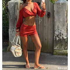 Hnewly  Summer 2Pieces Corduroy Outfits Set Skew Collar Long Sleeve Wrap Cropped Tops with Fold Over Ruched Waist Slim Shorts