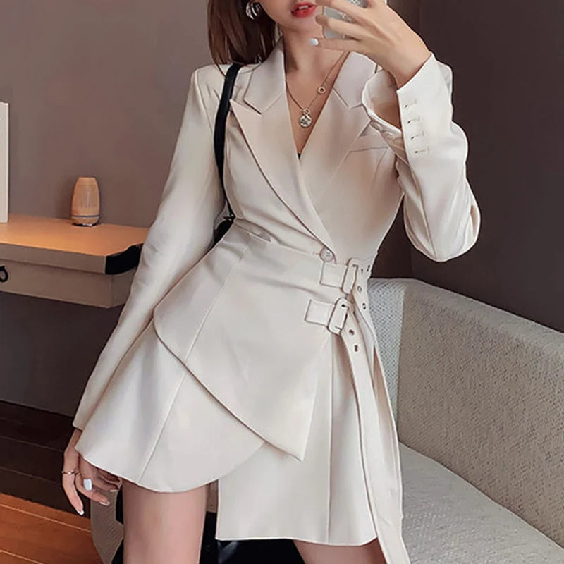 Hnewly Korean Edition Black Mini Party Suit Dress Women's One Piece Office Elegant Dress Fashion Belt Design Long Sleeve Dress