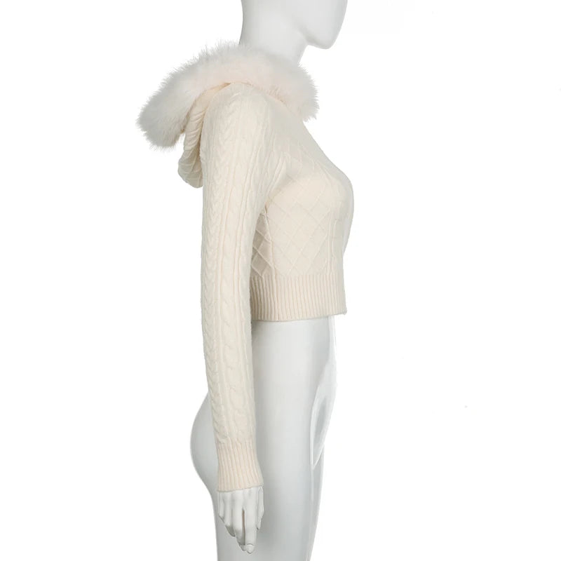 Hnewly trashy outfits Beige Furry Trim Hooded Cropped Sweater Cardigan Women Long Sleeve Zipper Outerwear Autumn Winter Coat Coquette Korean