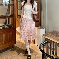 Hnewly  Summer Elegant Polka Dot Midi Skirt Short Sleeve T-Shirt Set Women's Fashion Design Sense White Cotton Blend Casual Outfit