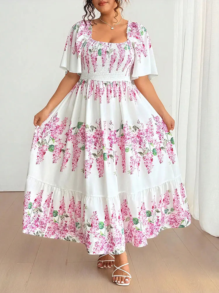 Hnewly  New Elegant Floral Print Petal Short Sleeve Plus Size Long Dresses Vacation Party Elastic Bust Square Neck Female Clothing Dress