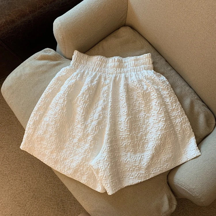 Hnewly  Black White Jacquard Shorts Women 2025 Summer Elastic High Waist Pockets Wide Leg Shorts Woman Loose Streetwear Half Pants