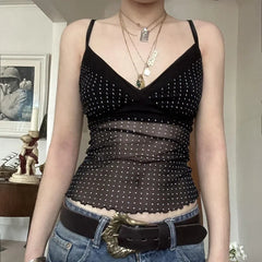 Hnewly  Goth Dark Fashion Polka Dot Print Straps Tanks Top Cyber Y2K Mesh See Through V-neck Crop Tops E-girl Slim Streetwear Mall Camis