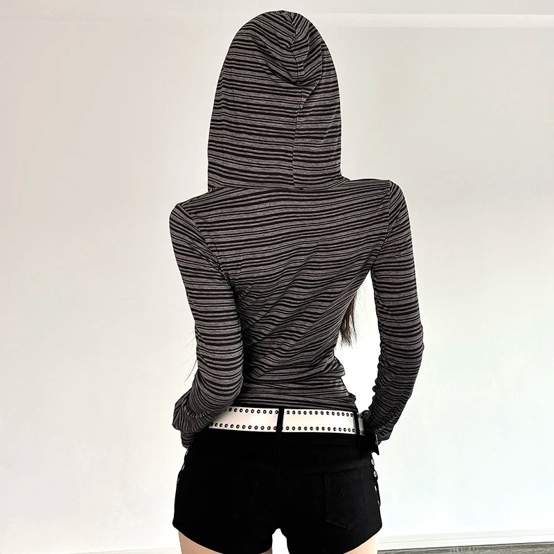 Hnewly Harajuku Striped Print Crop Top Vintage 2000s Button-up V Neck Long Sleeve Hooded T-shirt for Women Retro Streetwear y2k
