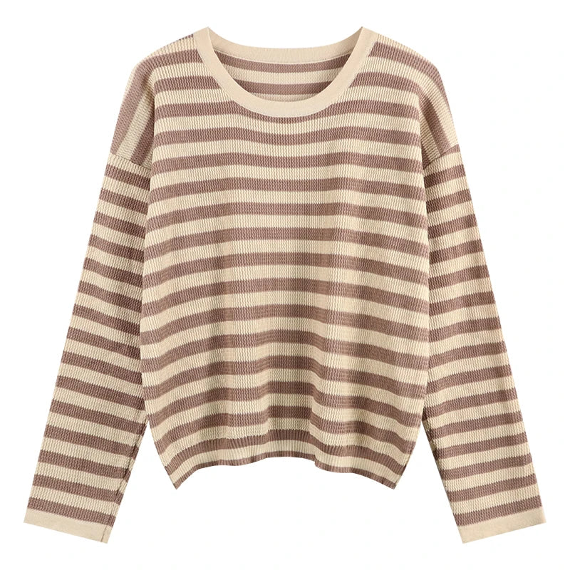 Hnewly  Women's Striped T-shirt Basic Tops Spring Autumn Fashion Color Contrast Loose O-neck Long Sleeve knitting Sweater