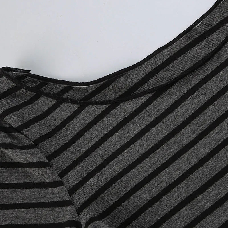 Hnewly Grunge Top y2k Clothes Women Cybercore Striped Off Shoulder Long Sleeve T Shirt 2000s Gothic Clothing Fall Streetwear