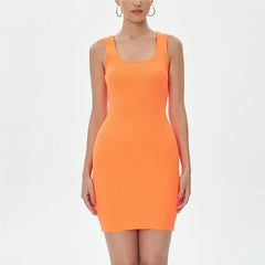 Hnewly  Summer Pink Neon Green Dress Women Ribbed Fluorescence Knit Bodycon Dress Tank Beach Casual Mini Dress Short Sundress