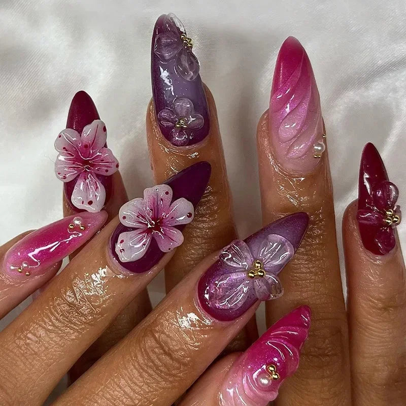 Hnewly 24Pcs Cat Eye Press on Nails with Almond Head Bow Diamond Stick on False Nail Sweet Pink French Full Cover Artificial Nails Tips