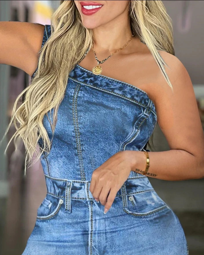Hnewly rodeo outfits Personalized Women's Dress New Fashion Denim Look Print One Shoulder Bodycon Dress Sleeveless Sexy Short Denim Dress