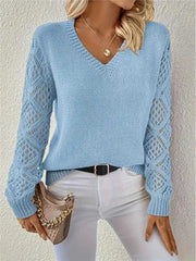 Hnewly  Long Sleeve Pointelle Knit Top Pullovers Women Sweater Openwork Long Sleeve V-neck Jumper Fall Winter Blusas Para Mujer Outfit