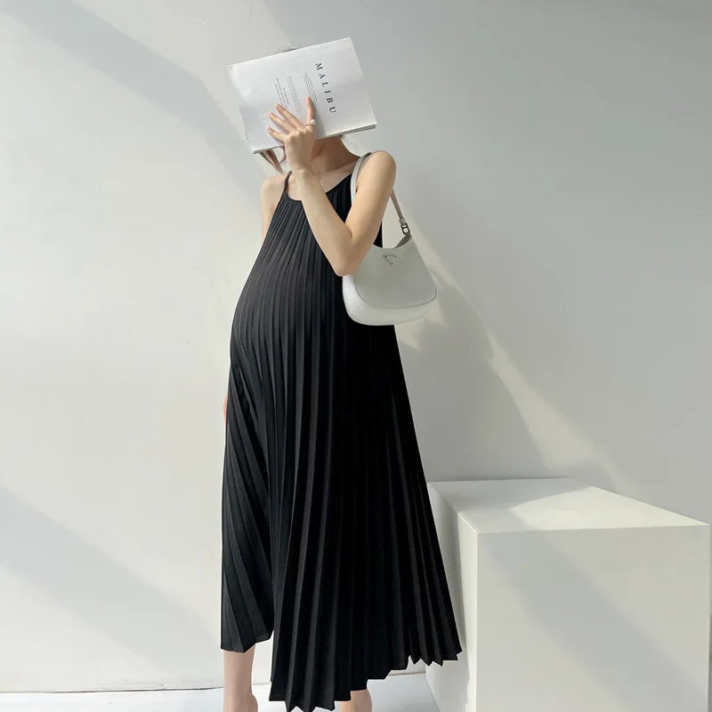 Hnewly  Beige Pink Sunmer Pregnant Woman Pleated Dress Maternity Chiffon  Mid-Calf Pregnancy Clothes with Belt Wholesale Clothing