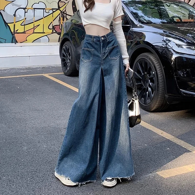 Hnewly outfit ideas Woman High Waist Vintage Designer Wide Leg Jeans Female Gothic Loose Straight Leg Pants Girls Blue Light Blue Denim Trousers