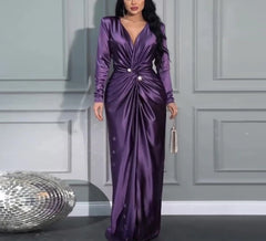 Hnewly  Light Mature Style V-Shaped Collar A-Line Skirt Fashion Pleated Waist Cinched Evening Gown for Women Middle-Waisted Long Dress
