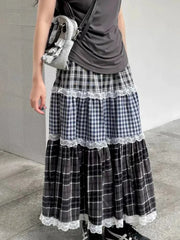 Hnewly Vintage Harajuku Lace Plaid Skirt Women Preppy Style Long Skirts Autumn Winter Streetwear Retro A-line Ruffle Skirts